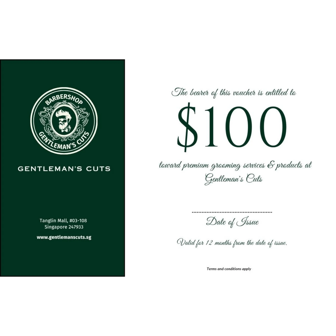 Gentleman's Cuts Supplies $100 gift voucher with dark green branding and elegant typography for grooming services.