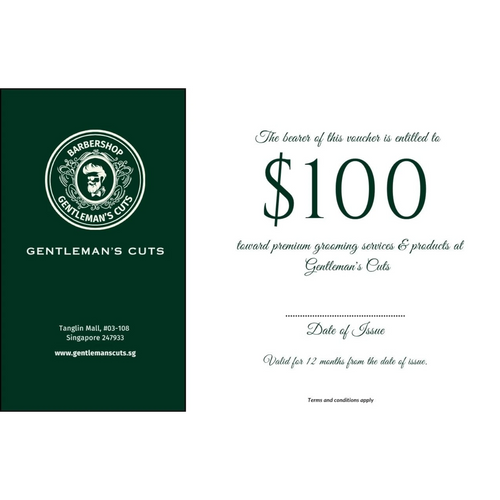 Gentleman's Cuts Supplies $100 gift voucher with dark green branding and elegant typography for grooming services.